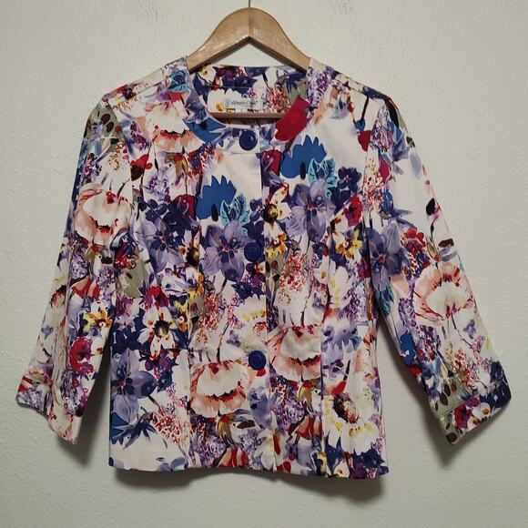 Coldwater Creek Blue Purple Pink Floral Banded Crew Neck Button Front Blazer 12 - Picture 1 of 9